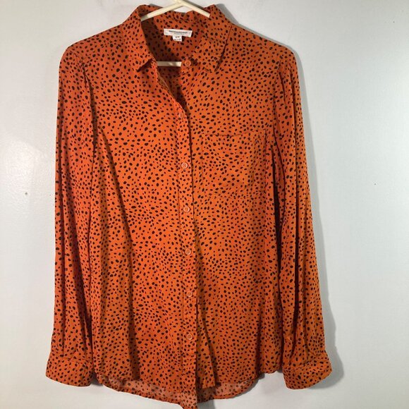 Womens Beach Lunch Lounge Long Sleeve Spotted Button Shirt M Orange Black Viscos - Picture 1 of 9